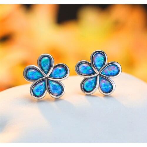 Dainty Female Blue Opal Stone Earrings Classic Silver Color Wedding Earrings For Women Cute Bridal Flower Small Stud Earrings