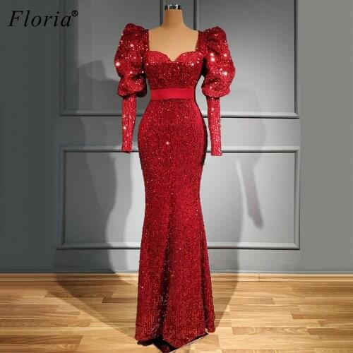 Plus Size Red Sequins Evening Dresses Long Arabic Formal Prom Dresses Evening Wear Mermaid Women Party Gowns Vestidos Formales