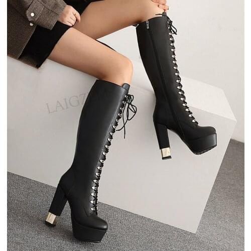 LAIGZEM Women Knee High Boots Platform Zip Up Chunky Thick High Heels Wide Calf Friendly Boots Shoes Woman Big Size 33 39 41 43