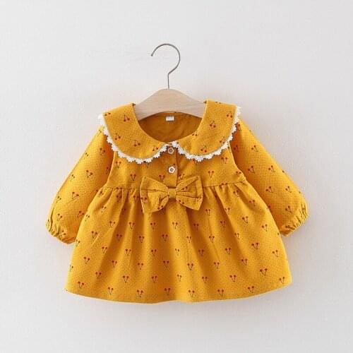 Menoea Toddler Girs Dress Autumn Girls Dress Infant Baby Girls Long Sleeve Cute Bow Cherry Print Party Dress Casual Vestidos