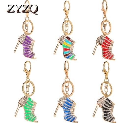 ZYZQ Fashion Seven Colors High Heel Shoes Keyrings Keychains Crystal Trendy Purse Bag Buckle Bag Pendant for Car Jewelry