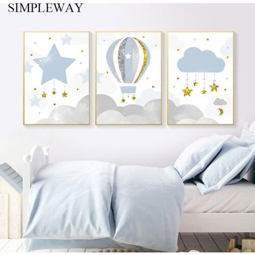 Cartoon Balloon Canvas Wall Art Print Nursery Painting Starry Cloud Poster Nordic Kids Decoration Picture Baby Boy Bedroom Decor