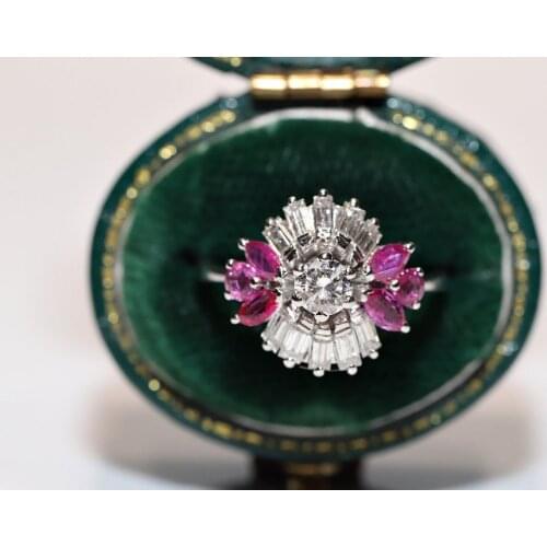 Original Vintage 18k White Gold Natural Diamond And Ruby Decorated Pretty Ring