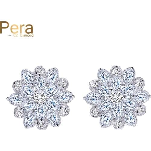 Pera Fashion Ladies CZ Jewelry Lovely Big Blooming Flower Cubic Zirconia Crystal Elegant Round Stud Earrings For Women E106