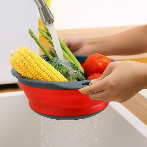 Folding Fruit Vegetable Silicone Drain Basket Round square Creative Retractable Colander Wash Basket Filter Kitchen Storage Tool