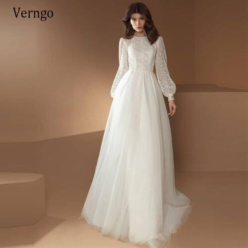 Verngo Vintage Lace And Tulle A Line Boho Wedding Dress Long Puff Sleeves Jewel Neck Elegant Bride Gowns 2021 Robe de mariee
