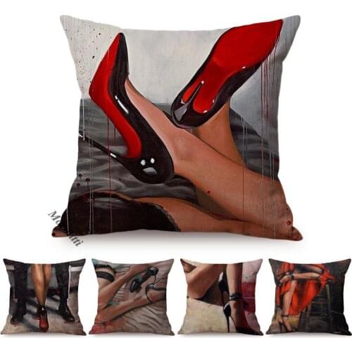 High Quality Cotton Linen Sexy Woman Pillow Case Elegant Lady High Heel Funky Art Home Decor Cushion Cover Sofa Car Pillowcase