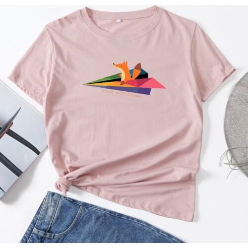 Fox on Paper Airplane Travel with Dreams Graphic Woman T-Shirt Short Sleeve T-Shirts Summer Tops for Women Cotton Female Shirt