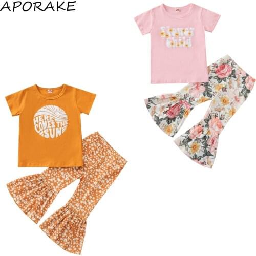 2021 0-4Y Sweet Girl Summer Clothing Fashion Kids Letter Short Sleeve Tops T-shirt+Floral Printing Trumpet Long Pants 2pcs Set