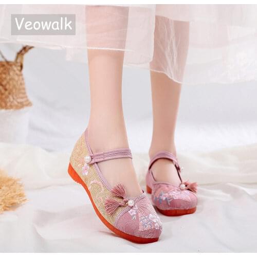Veowalk Jacquard Embroidered Women Ballet Flats Handmade Elegant Ladies Flat Shoes with Tassel Comfortable Ballerine Femme