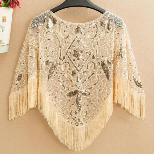 Womens Glittering 1920s Scarf Mesh Sequin Wedding Cape Fringed Evening Shawl Wrap 9645