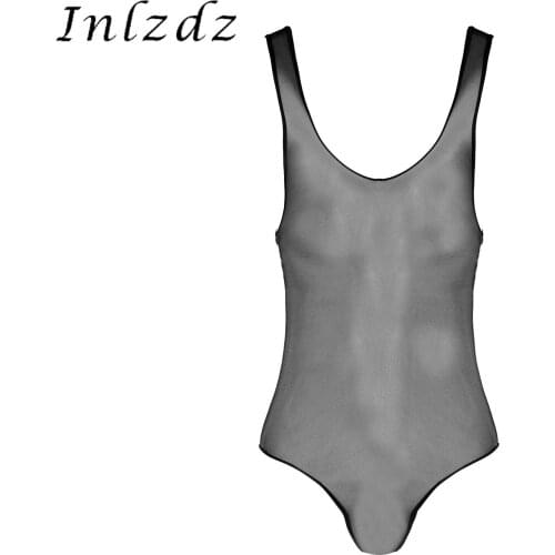 Women/Mens Erotic Lingerie See-through Singlet Glossy Stretchy Bodysuit Sleeveless Bulge Pouch Underwear Leotard Sexy Nightwear