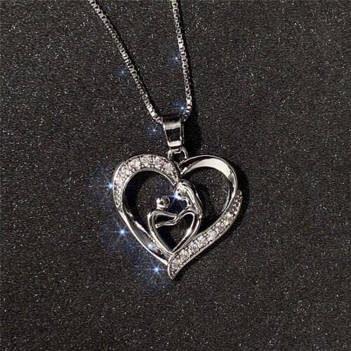 Huitan Mothers Day Women Necklace Heart Love Pendant Mom and Son Hug Design Dazzling Cubic Zirconia Hot Gift Fashion Jewelry