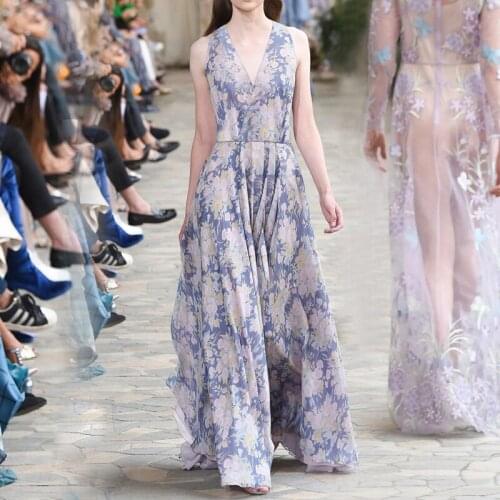 Vintage Purple Flower Printed Long Dresses for Women 2021 Summer Runway Elegant Sexy V-neck Sleeveless Chiffon Maxi Dress