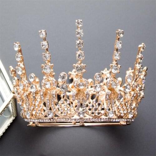 Gold Rhinestone Tiaras and Crowns for Queen Round Diadem Pageant Headdress Bridal Crown Wedding Hair Jewelry Accessories