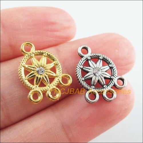 25Pcs Retro Gold Tibetan Silver Tone Flower Clear Crystal Charms Connectors 13x18mm