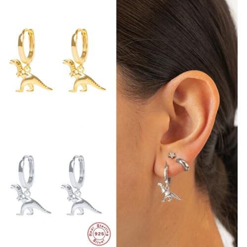 GS 925 Sterling Silver Cute Dinosaur Pendant Gold Hoop Earrings For Women Animal Piercing Huggie Earrings Pendiente Jewelry