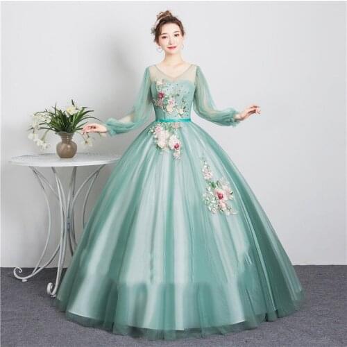 Freeship light green embroidery flower lace long dress gown Medieval Victorian Ball stage performance/can customs size