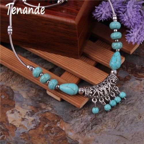 Tenande Bohemian Natural Stone Necklaces Vintage Hollow Carved Cross Leaves Beads Tassel Necklaces & Pendants for Women Jewelry