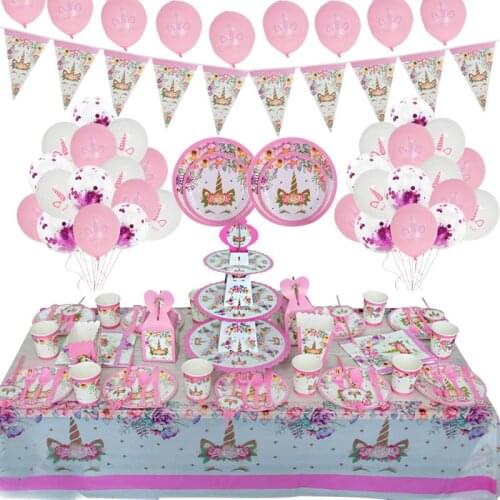 Unicorn Party Birthday Decor Disposable Tableware Set Paper Plates Cup Banner Party balloon Baby Shower Girl gift party Supplies