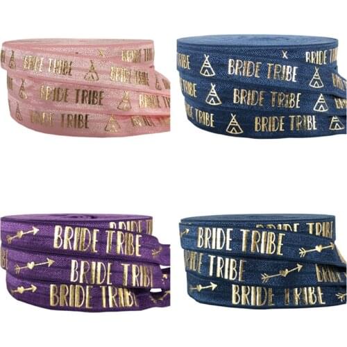 10Yards 16mm Bride Tribe Heart Allow Gold Foil print fold over elastic party decoration DIY elastic hair ties