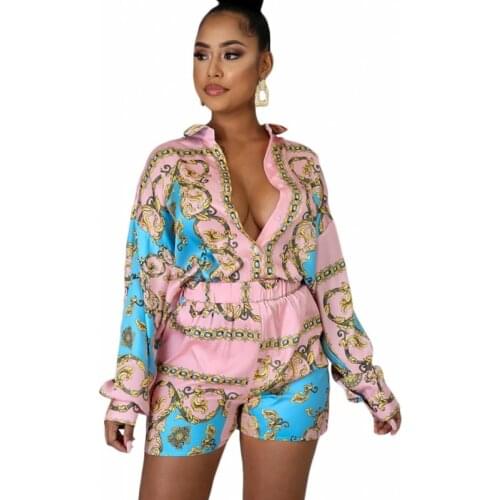 2 Pieces Set Sexy Spring Autumn Fashion Women Sets Female Tops Floral Print Long Sleeve Shirt Elastic Waist Shorts Outfits 2020