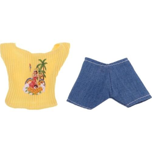 Cute Yellow Short Sleeve & Jeans Summer Clothes for 29-30cm Doll Dress Up Decor