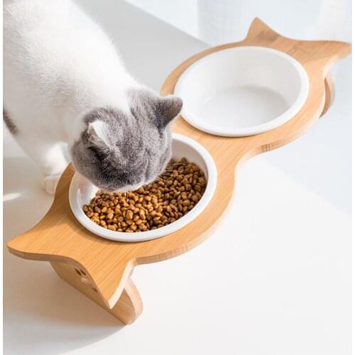 Bamboo Stainless Bowl Cat Dog Feeding Bowl for Cats Kitten Puppy Food Water Feeder Ceramic Bowl Inclined Neck Guard Pet Supplies
