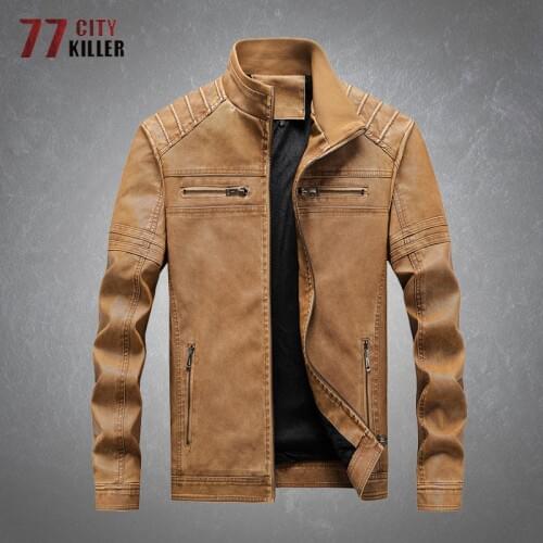 Water Wash Leather Jacket Men Autumn Stand Collar Slim Multi-Pockets Coats Male Casual Motorcycle Bike PU Jackets Big Size 6XL