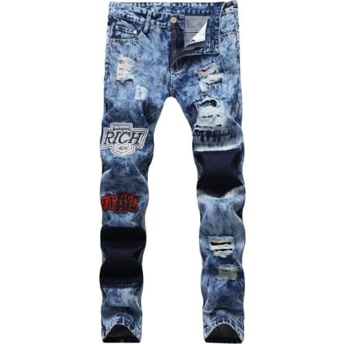 2021 Men’s Embroidery Patched Moto&Biker Jeans,High Street Ripped Jeans,Slim-fit Distressed Washed Denim Pants,Cool Guys Must