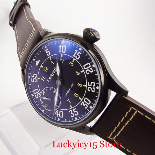 PARNIS Top Brand High Quality Hand Winding Men Wristwatch 44mm PVD Plated Case 6497 Movement Brown Leather Strap