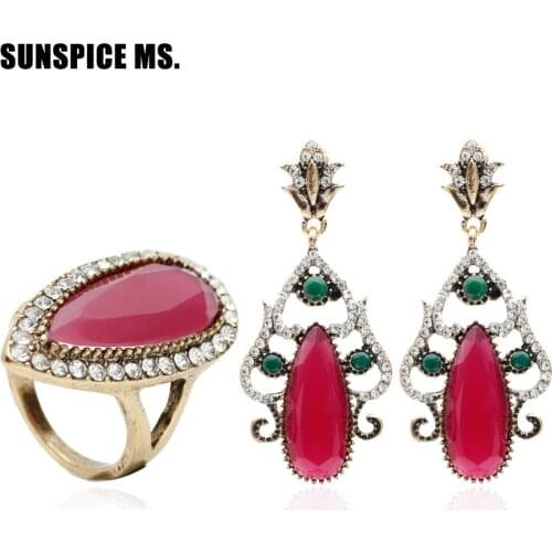 New Arrive Turkish Wedding Jewelry Sets For Women Antique Gold Color Vintage Ring Flower Long Dangle Earring Red Bridal Bijoux