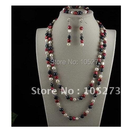 Charming!pearl jewelry set AA8-9mm white purple black Genuine freshwater pearl necklace bracelet earring free shipping A2424