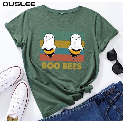 Ouslee Plus Size Women Summer 100%Cotton T-Shirt Lovely BOO BEES Funny Printed O-Neck Short Sleeve Femme T-Shirt Tee Tops