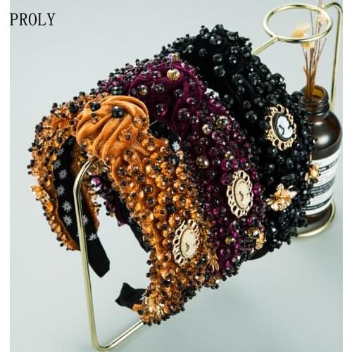 PROLY New Fashion Women Headband Flannel Crystal Hairband Adult Center Knot Party Headwear Rhinestone Baroque Hair Accessories