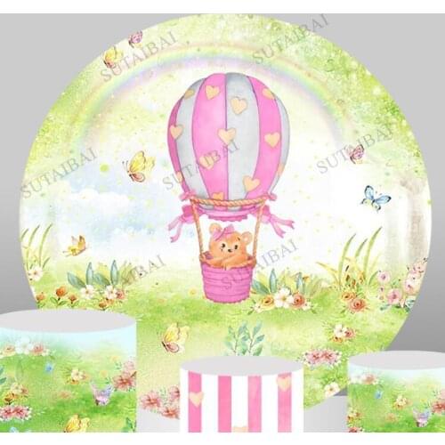Cartoon Newborn Baby Shower Round Backdrops Bear Hot Air Balloon Woodland Flowers Butterfly Girls 1st Birthday Party Backgrounds