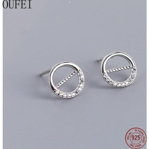 OUFEI Real 925 Sterling Silver Stud Earrings Circle Round Stylish Rhinestone Earrings For Women Minimalist Earrings Jewelry