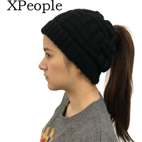 XPeople High Bun Ponytail Beanie Hat Chunky Soft Stretch Cable Knit Warm Skull Beanie 100% Acrylic Hats Men And Women
