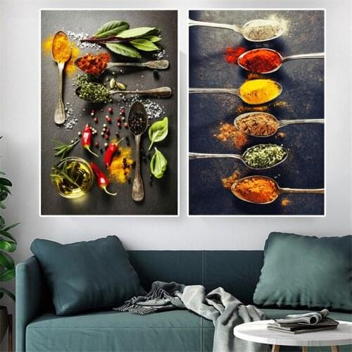 Scandinavian Canvas Painting Grains Spices Peppers Spoon Cuadros Posters and Prints Kitchen Wall Art Food Picture Living Room