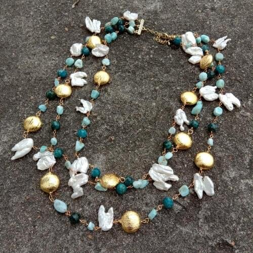 Y·YING White Keshi Pearl Blue Larimar Apatite Brushed Bead Rosary Chain Necklace 18"