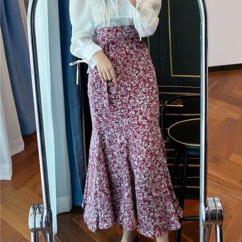 2021 Fall Elegant Print Trumpet Skirts Women Fashion Lace Up Bow Chic Long Jupe New Office Lady All Match Sweet Faldas Mujer