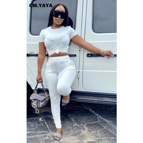 CM.YAYA New Summer Solid Short Sleeve Top Matching Full Length Pants with Pockets Two Piece Set for Women Pullover Sheath Outfit