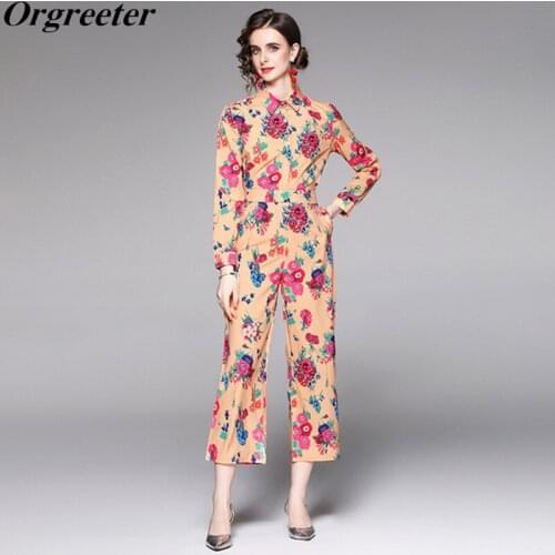Runway Fashion Slim Floral Printing Shirt Two piece Sets Women High waist Wide leg Ankle-length Pants Twinest Suits