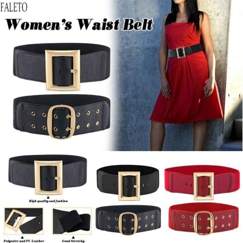 Faleto Women Wide Elastic Dress Belt Stretch Waist Belt Vintage Fashion Casual Cinch Belt Buckle Retro PU Leather Punk Waistband