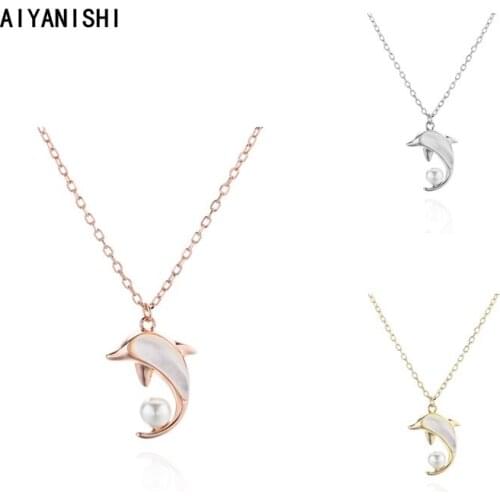 AIYANISHI 925 Sterling Silver Dolphin Shell Pearl Pendant Necklace Women Engagement Natural Pearl Drop Pendant Necklace Jewelry