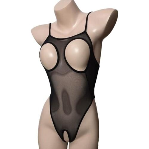 Women Sexy Lingerie Sheer Mesh Cupless Skinny Leotard Open Breast Open crotch Transparent Teddy Babydoll Revealing Bodysuit
