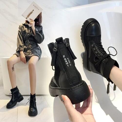 Winter boots ladies shoes women boots fashion flat round PU ankle boots 2020 winter elastic lace black boots comfortable boots