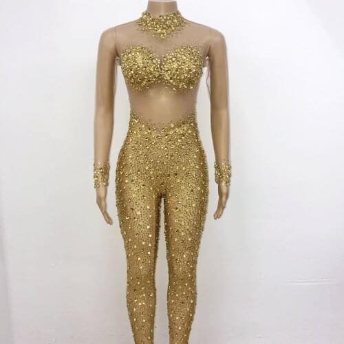 Gold Stones Long Sleeves Mesh Jumpsuit Prom Birthday Celebrate Party Transparent Outfit Women Singer Evening Costume