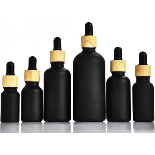 5ML~100ML Glass Dropper Bottle Matte Black Wooden Pattern Lid Makeup Serum Packaging Refillable Essential Oil Dropper Bottle