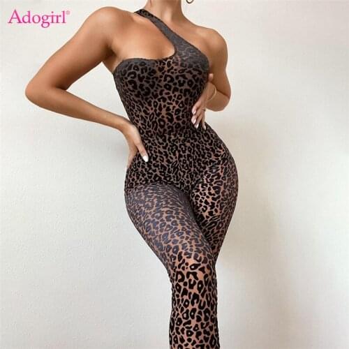 Adogirl Leopard Flocking Mesh Jumpsuit Women Sexy See Through One Shoulder Skinny Overalls Midnight Clubwear Female Clothing